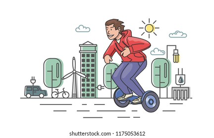 Young guy in red hoody riding hoverboard on stylized eco-city background. Flat line vector illustration. Isolated on white background. Horizontal.