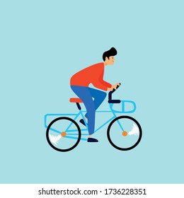 A young guy in a red jacket and blue trousers in black shoes rides a blue Bicycle isolated on a blue background.Concept of active recreation.Healthy lifestyle.Vector illustration