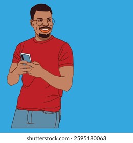 A young guy in red top holding a cell phone