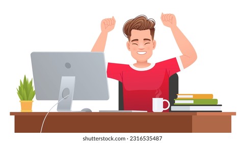Young guy rejoices at the work done on the computer. Businessman at his desk. Lucky guy did all the work. Employee is resting, satisfied with his work. Vector cartoon illustration isolated on white