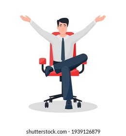 Young guy relaxed sitting meditates in an office chair. Raising hands up and laying his leg. Vector illustration.