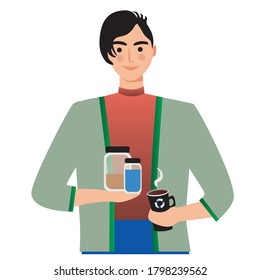 Young guy with reusable shopping cart as a concept of zero waste, reuse, shopping without packaging, eco-friendly lifestyle. Flat vector stock illustration with man with reusable coffee mug