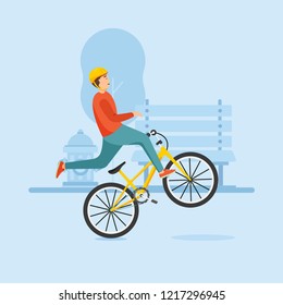 Young guy rides a bike and performs complex stunts.