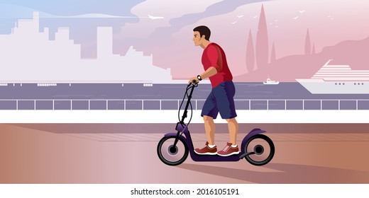 A young guy rides an electric scooter along the city embankment. Vector illustration for landing page mockup design or advertising banner.
