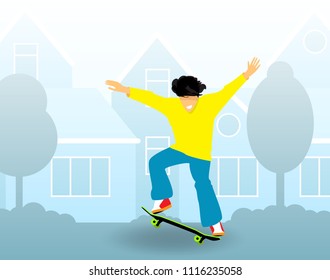 Young guy rides on skateboard on city streets. Flat design. Vector