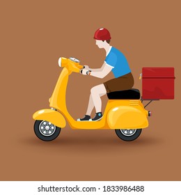 Young guy rides a scooter, orange vintage scooter with box for food delivery isolated on brown background, online delivery service and stay home concept, vector illustration