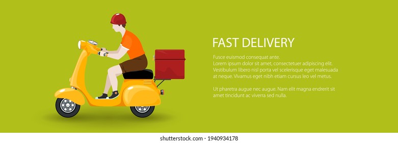 Hombre joven monta una motocicleta, una moto de cosecha naranja con una caja para entrega de comida aislada en fondo verde, banner del servicio de entrega en línea y el concepto de quedarse en casa, ilustración vectorial