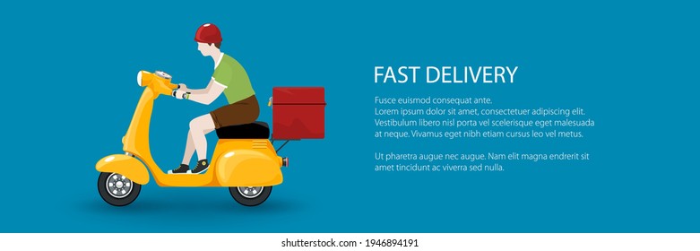 Un chico joven monta una motocicleta, una moto de cosecha naranja con una caja para la entrega de comida aislada en fondo azul, banner del servicio de entrega en línea y el concepto de quedarse en casa, ilustración vectorial