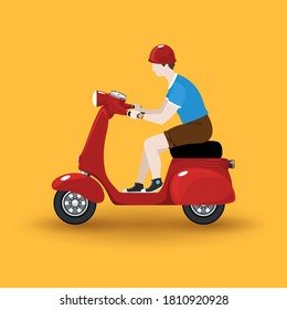 Un chico joven monta una motocicleta roja vintage con un hombre aislado en el fondo naranja, ilustración vectorial