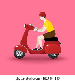 Un chico joven monta una motocicleta, una motocicleta roja vintage con un hombre aislado en el fondo rosado, ilustración vectorial
