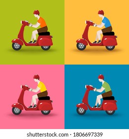 Junge Junge fährt einen Roller, Satz von roten Vintage-Roller mit Männern einzeln auf buntem Hintergrund, Vektorgrafik