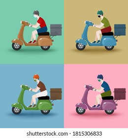 Young guy rides a scooter, set of vintage scooters with boxes for food delivery isolated on a background in pastel colors, online delivery service and stay home concept, vector illustration