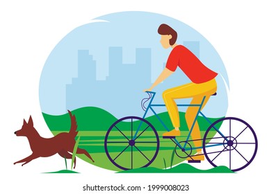 Young guy riding a bicycle in the park with a dog. Summer vector illustration.