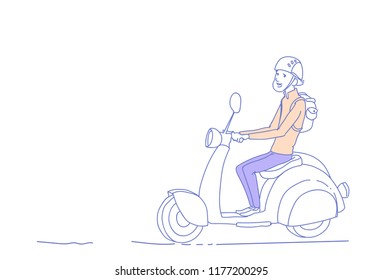 Young guy riding electric scooter vintage motorcycle isolated man character sketch doodle horizontal vector illustration