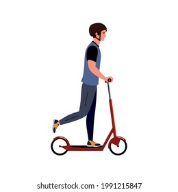 young guy riding a scooter, a man in a protective helmet riding a kick scooter, simple flat style, vector illustration isolated on white