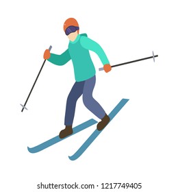 Young guy is riding a sky in stylish bright clothes.