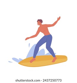 Young guy riding surfboard. Active male character in swimwear surfing ocean wave. Summer holidays, sport recreation, sea leisure hobby. Flat vector illustrations on white background