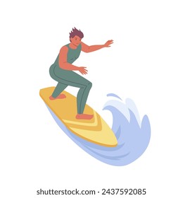 Young guy riding surfboard. Active male character in swimwear surfing ocean wave. Summer, sport recreation, sea leisure hobby. Flat vector illustrations on white background