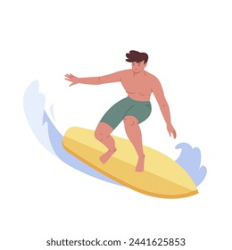 Young guy riding surfboard. Active male character in swimwear surfing ocean wave. Sea leisure hobby, sport recreation. Flat vector illustrations on white background