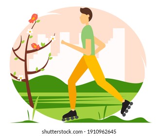 Young guy roller skating in the park. Spring vector illustration in flat style. 