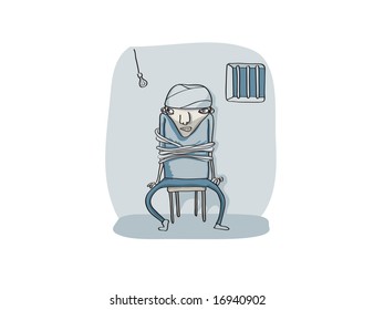 Young guy roped on to the chair in a cold dark place