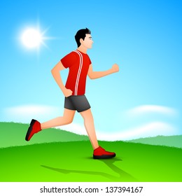 Joven corriendo por la mañana, hermoso fondo de verano.