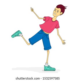 Young guy running in shorts t-shirt and sneakers laughing brown hair blue shorts red pink t-shirt vector icolated 