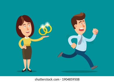 Young guy runs away from a girl who proposed to marry. The man is afraid of marriage. Fear of marriage and serious relationships. Vector illustration, flat cartoon style, isolated background.