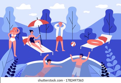 Young guy saving friend from drowning in swimming pool. Water, summer, weekend flat vector illustration. Help and emergency concept for banner, website design or landing web page