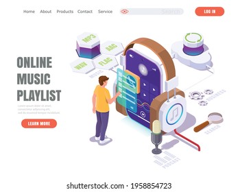 Young guy selects online playlist of music, podcast, audio business lessons. Streaming service concept for landing page