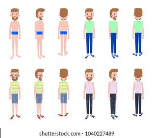 Young guy with several outfits from all sides set. Man from all view points in summer clothes. Young bearded modern guy vector illustrations set.