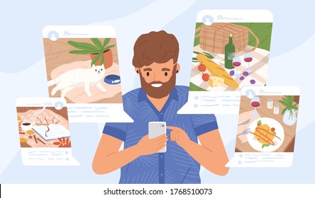 Young guy sharing moments at social networks vector flat illustration. Modern male holding smartphone making post for followers. Addiction from social media and internet