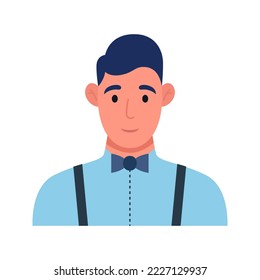 Young guy in a shirt and a bow tie. Male character icon. Vector flat illustration.