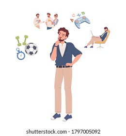 A young guy should be thinking about what to do: play the console, meet with friends, go to the gym or watch a movie