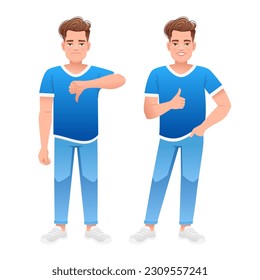 The young guy shows a gesture of approval and disapproval. Good and bad. Likes and dislikes. Vector illustration in cartoon style on a white background.
