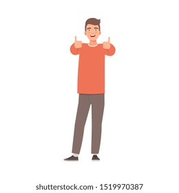 Young guy shows thumb. Vector illustration in cartoon style.