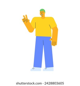 Young guy shows two fingers gesture and smiling. Vector Illustration