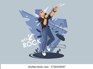 A young guy sings on stage, a Rock star. Rock Musician in a dynamic pose.