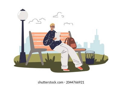 Young guy sit on bench holding digital tablet computer use modern gadget and wireless internet connection for chatting and social network outdoors. Cartoon flat vector illustration
