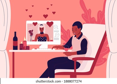 A young guy sits in front of a computer monitor and talks to his girlfriend in a chat. A couple in love is celebrating Valentine's Day online. Vector illustration