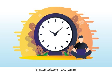 A young guy sits with a laptop, and behind him is a big clock