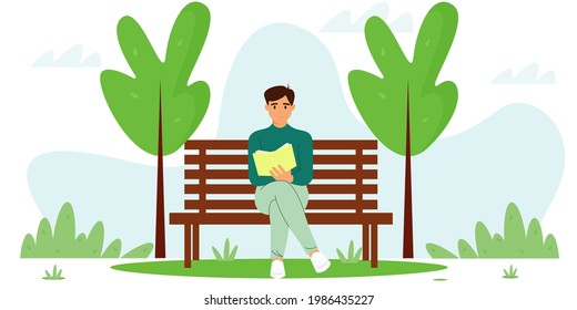 Young guy sits on a bench and reads a book. Vector illustration