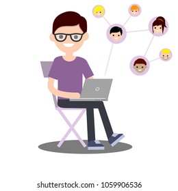 a young guy sits on a chair with a laptop and communicates on social networks with friends. people icons. messenger accounts. man at work - cartoon flat illustration