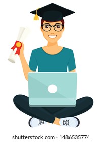 Young guy sitting with a diploma in his hand. Work, education and entertainment via the Internet. The guy sits with a laptop on his lap. Flat style on white background. Cartoon.