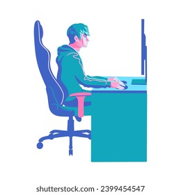 Joven sentado frente a su computadora. Ilustración conceptual vectorial aislada en fondo blanco