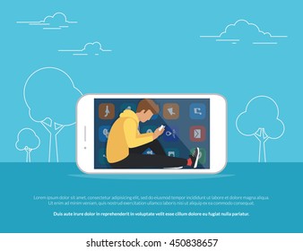 Young guy sitting into the big smartphone outdoors and using his own cellphone for social networking, texting, reading news and websites browsing. Flat concept illustration of smartphone addiction