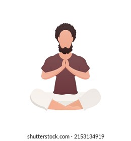 A young guy is sitting and meditating. Isolated. Cartoon style. Vector illustration
