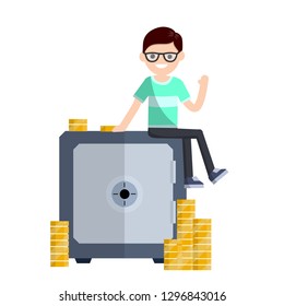 Young guy sitting on a Bank safe with money. Stacks of gold coins. Place to store cash, business Deposit. Reliability and security of the economy. Smiling man client. Cartoon flat illustration