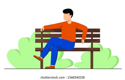 A young guy sitting on a bench in the city Park. A man resting in the Park on a weekend. Vector illustration. 