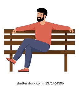 A young guy sitting on a bench in the city Park. A man resting in the Park on a weekend. Vector illustration. 